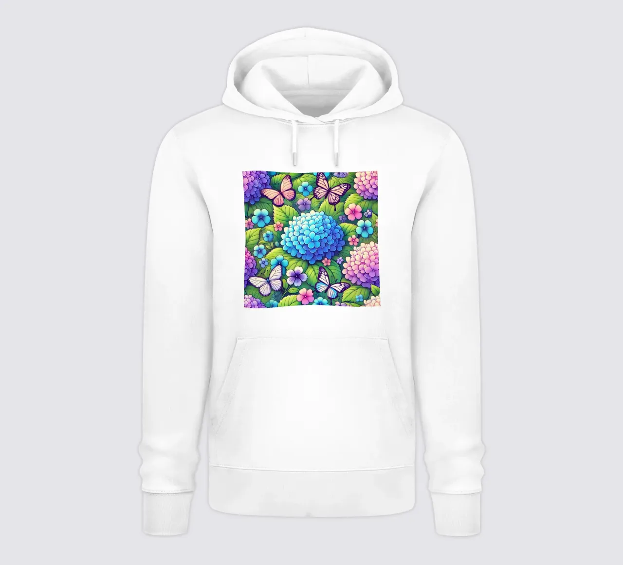 Armonia di ortensie e farfalle felpa con cappuccio da Organic Aesthetics