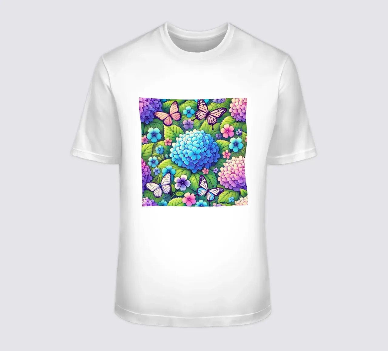 Hydrangea Harmony and Butterfly t-shirt by Organic Aesthetics