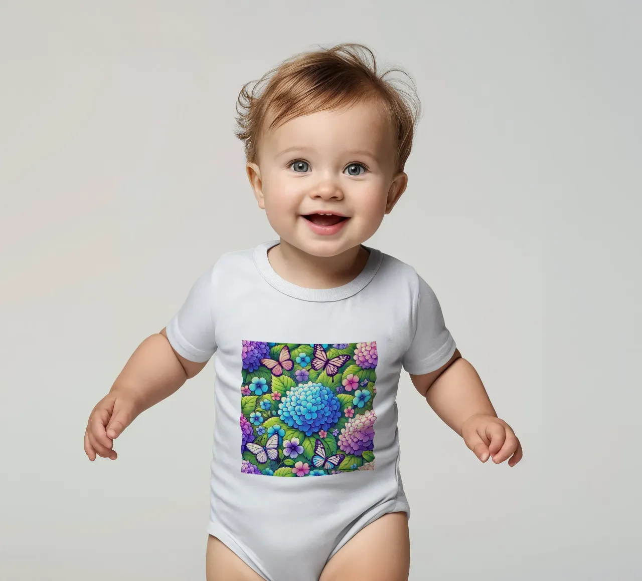 Hydrangea Harmony and Butterfly short-sleeve baby romper by Organic Aesthetics