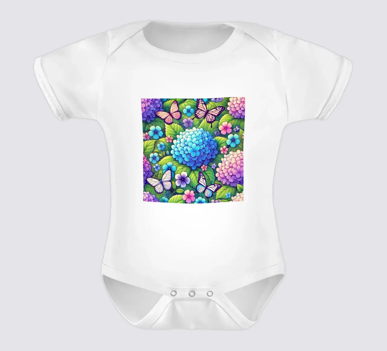 Hydrangea Harmony and Butterfly short-sleeve baby romper by Organic Aesthetics