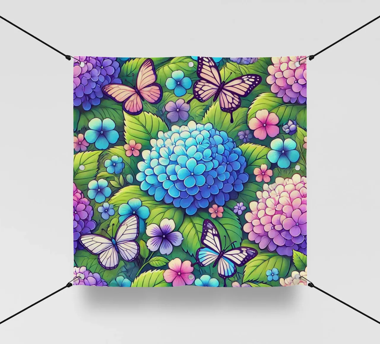 Armonia di ortensie e farfalle telo in pvc da Organic Aesthetics
