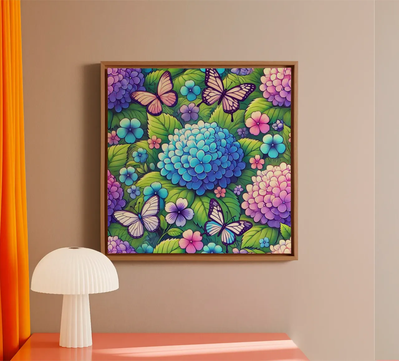 Hydrangea Harmony and Butterfly canvas with Floater frame by Organic Aesthetics