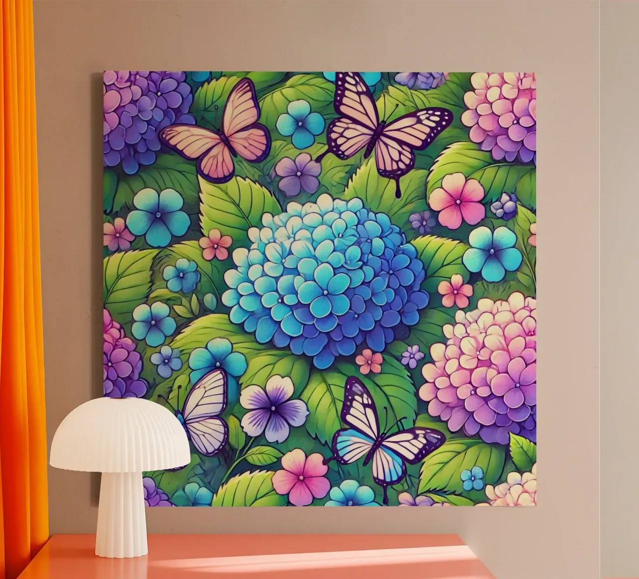 Hydrangea Harmony and Butterfly canvas with Floater frame by Organic Aesthetics