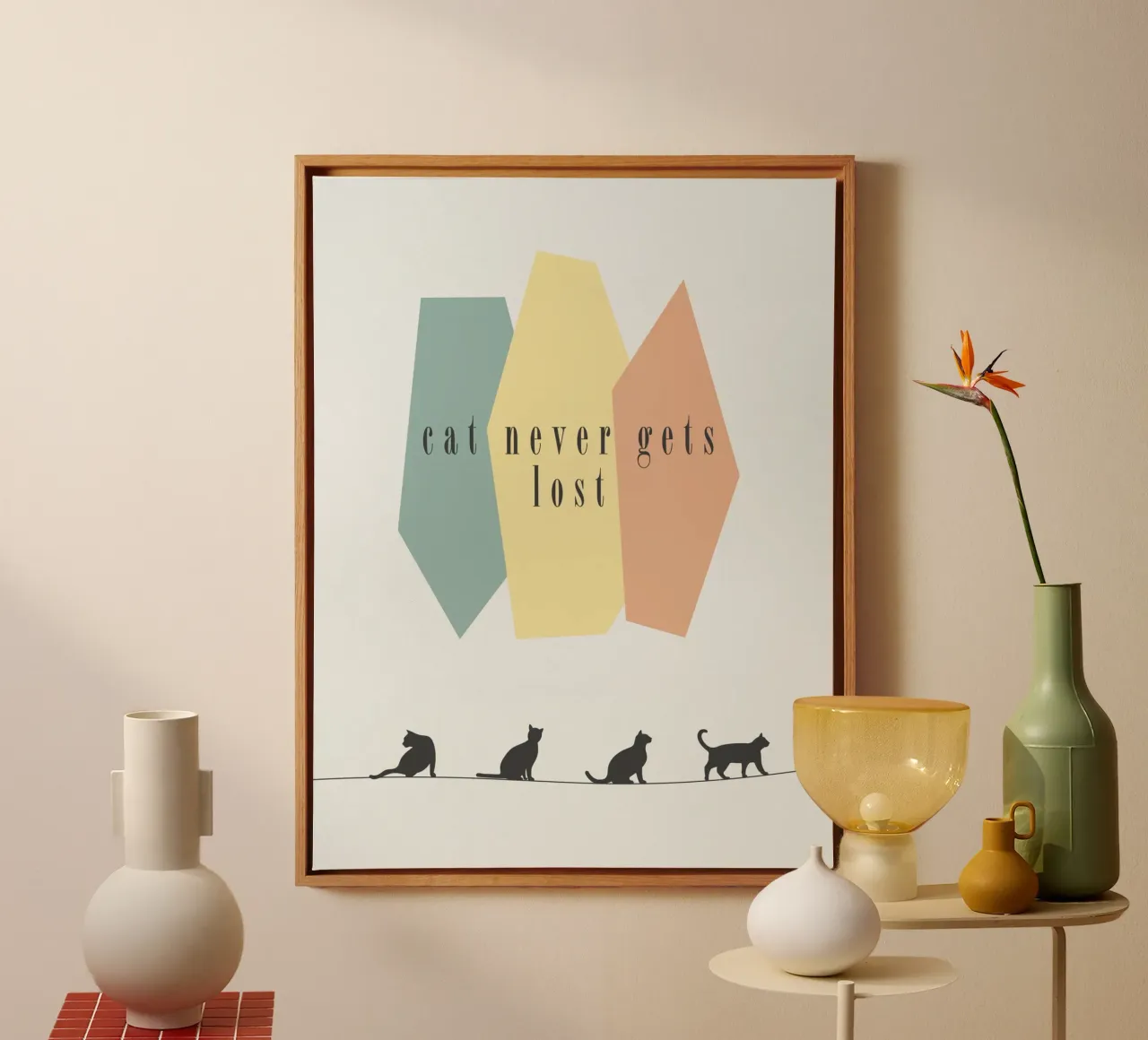 cat never gets lost canvas met Baklijst van natural neutral