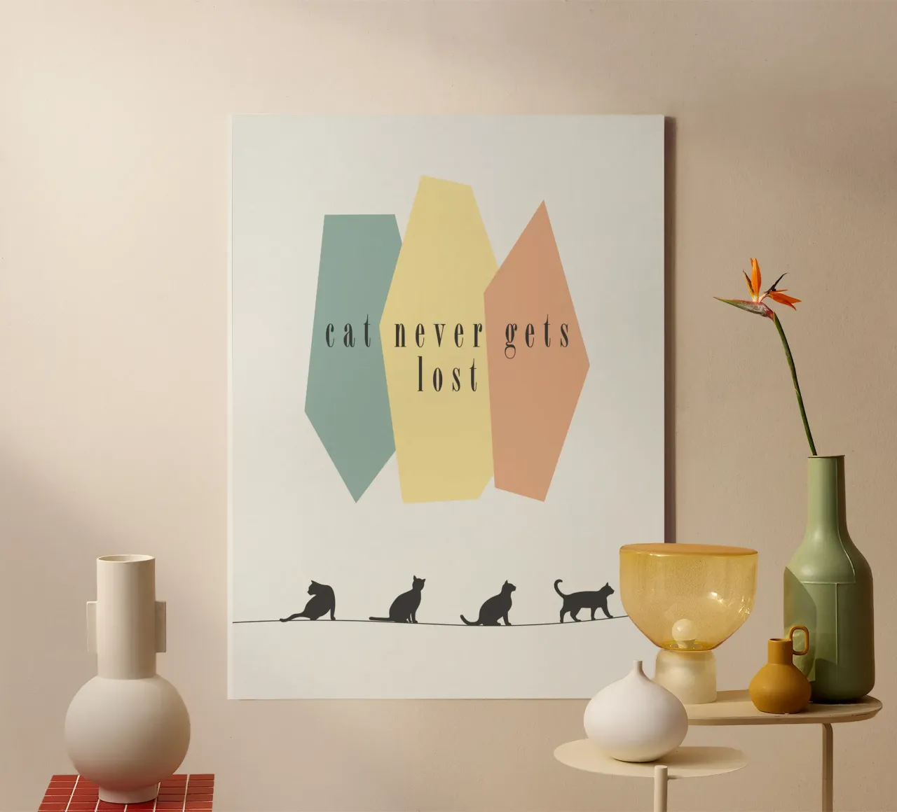 cat never gets lost canvas met Baklijst van natural neutral