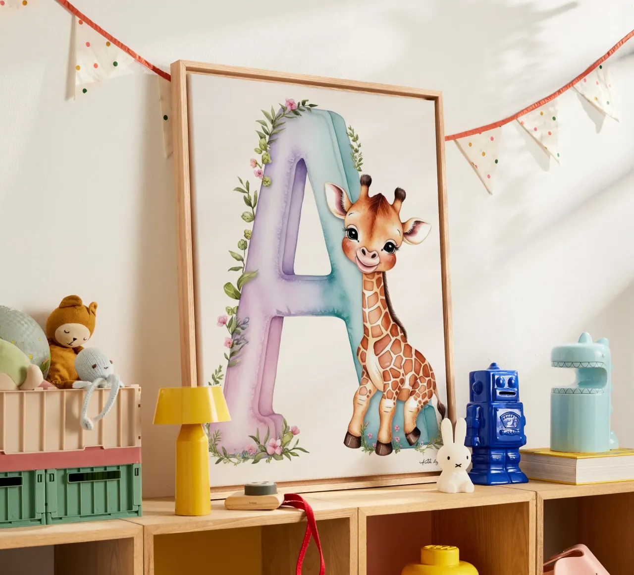 Lettera A Girrafe bambini tela con Cornice a cassetta da Kids zone