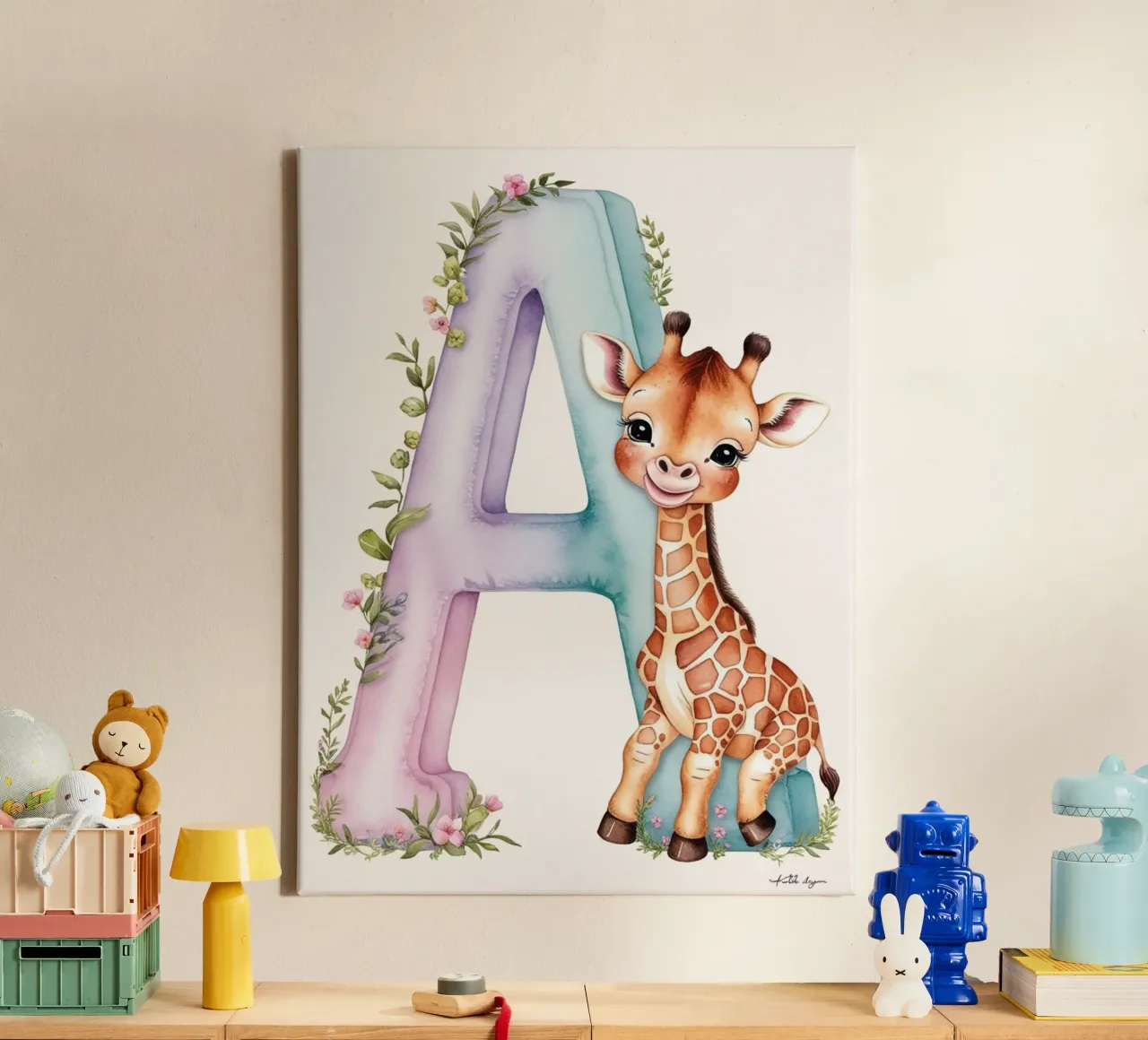 Lettera A Girrafe bambini tela con Cornice a cassetta da Kids zone