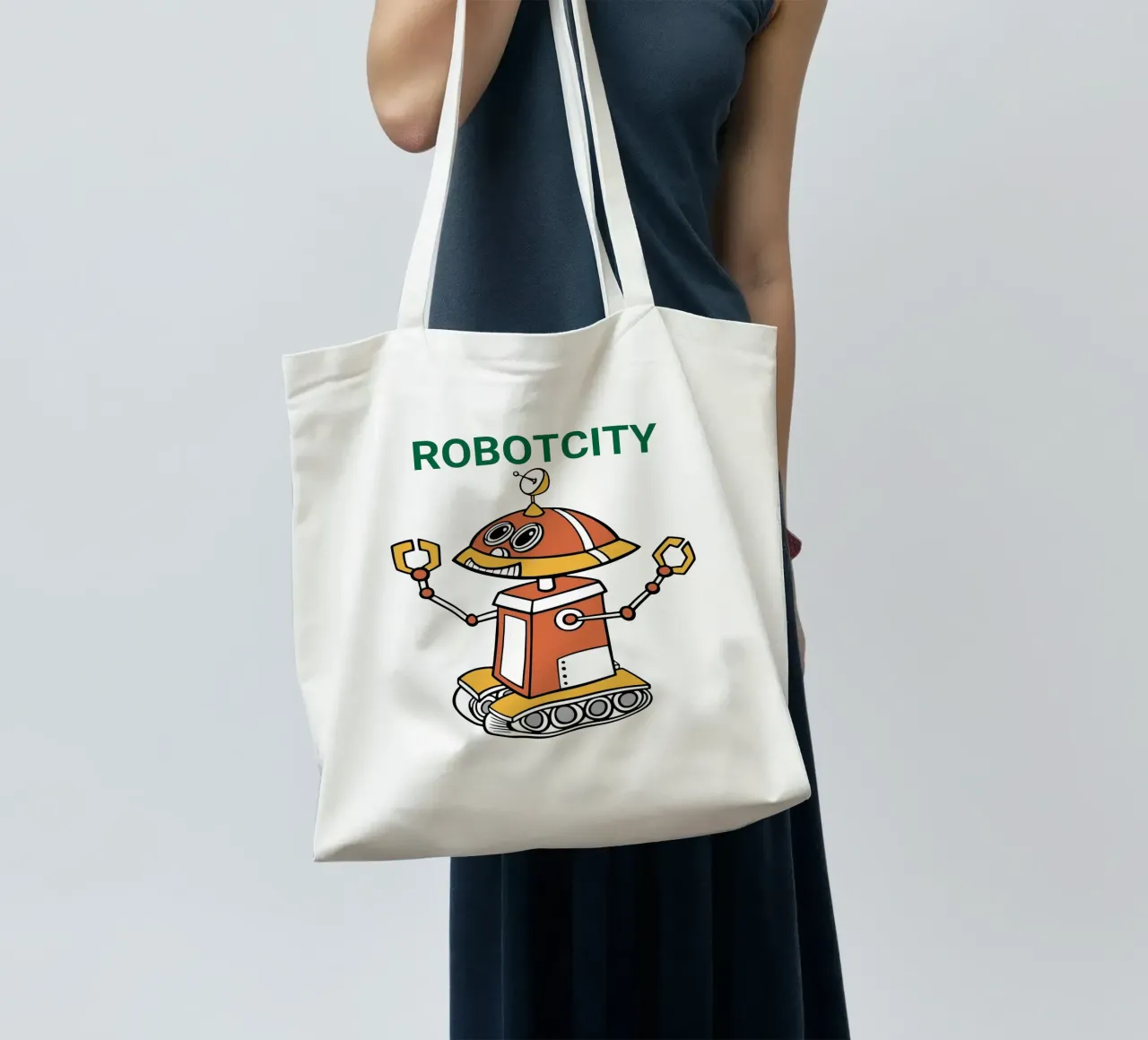 Logo RobotCity: Robot futuristico a cartoni animati borsa in juta da ComfyCouture