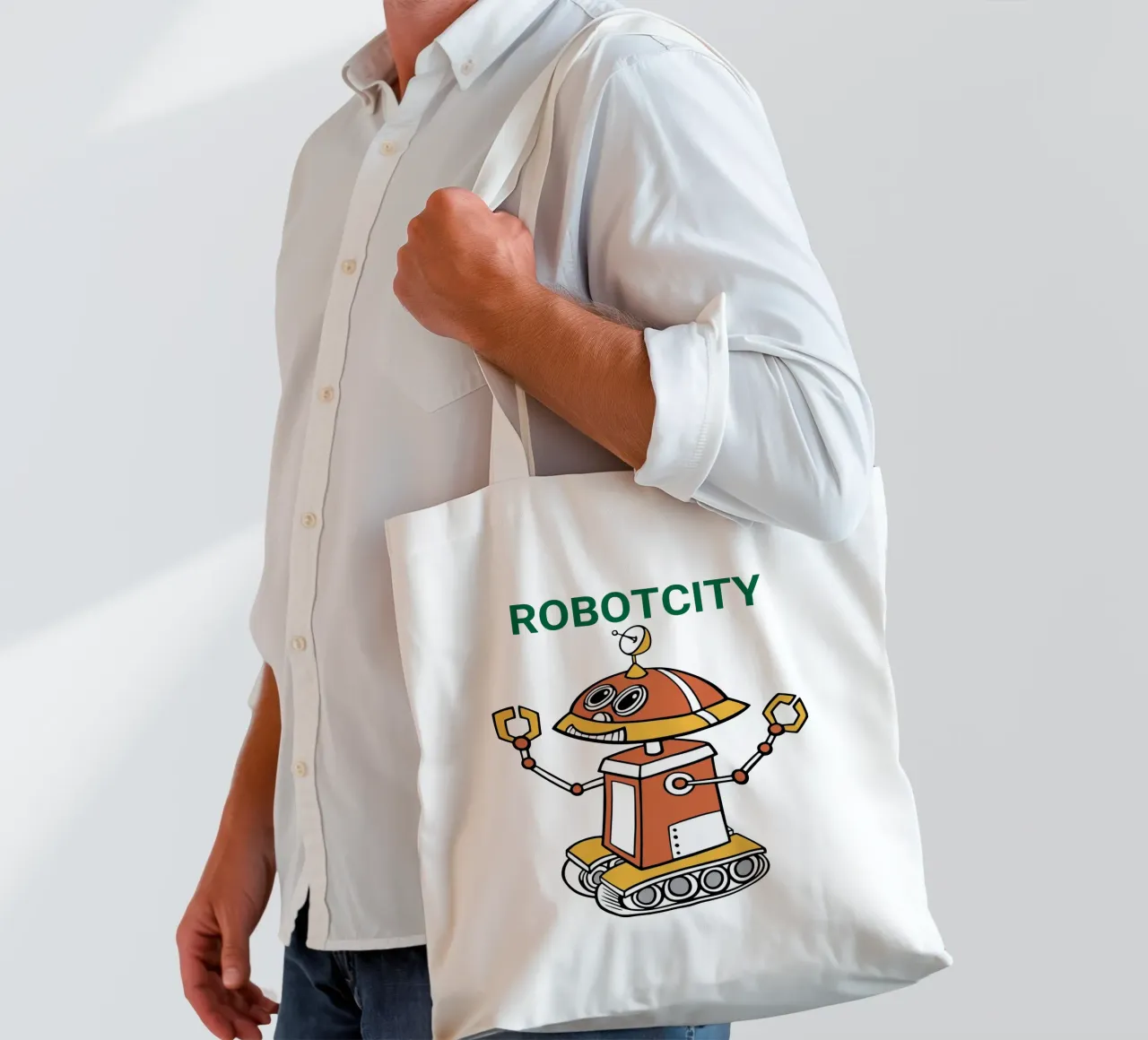 Logo RobotCity: Robot futuristico a cartoni animati borsa in juta da ComfyCouture