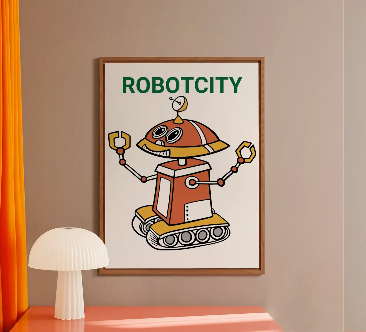 Logo RobotCity: Robot futuristico a cartoni animati alluminio dibond da ComfyCouture