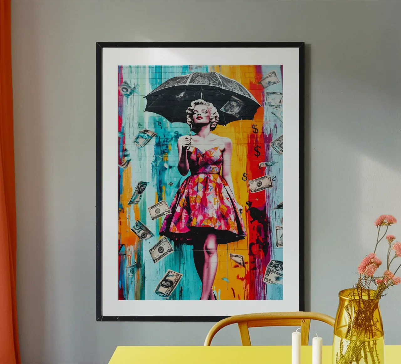 Marilyn Monroe Rain Money poster con telaio in legno da FreeArtStudio