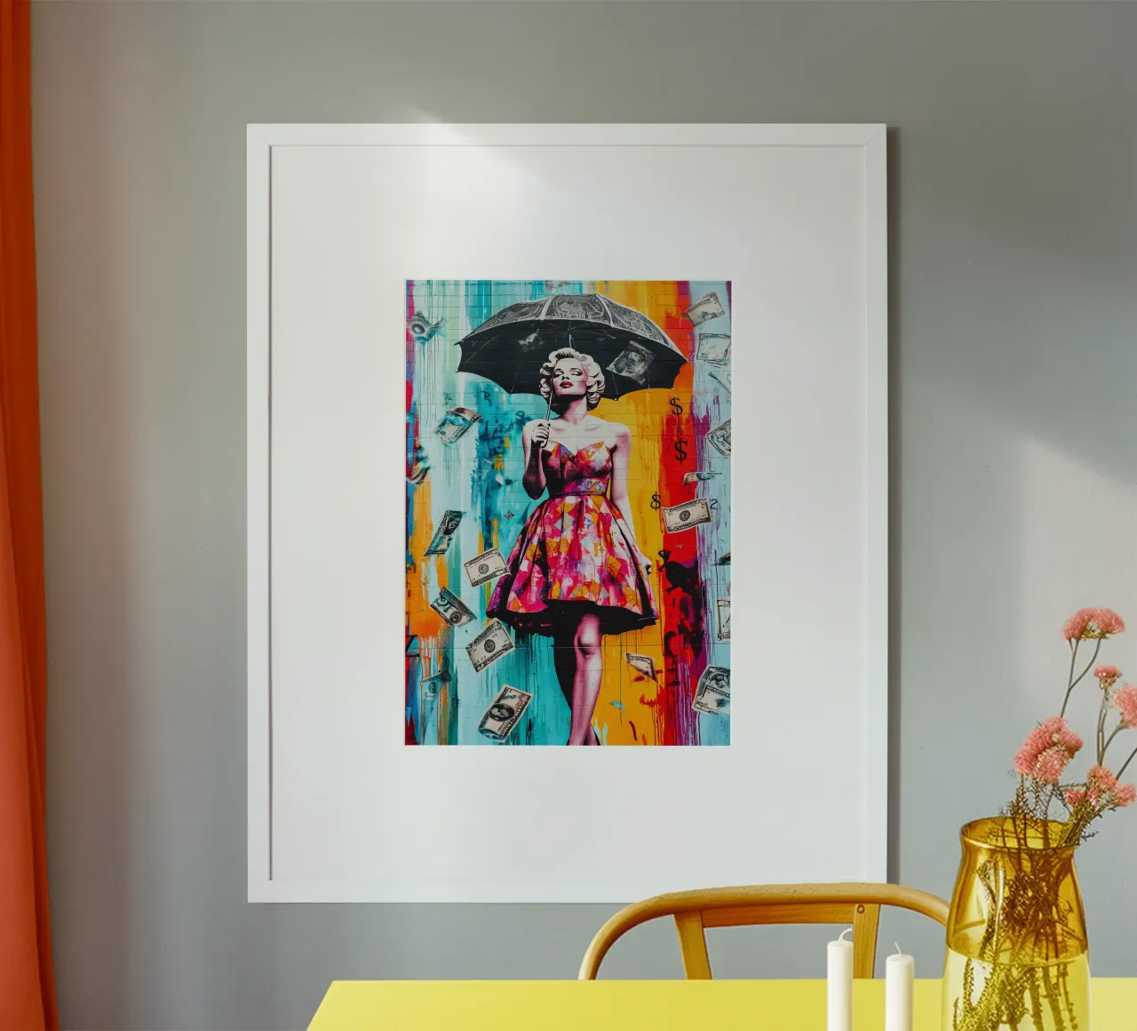 Marilyn Monroe Rain Money poster con telaio in legno da FreeArtStudio