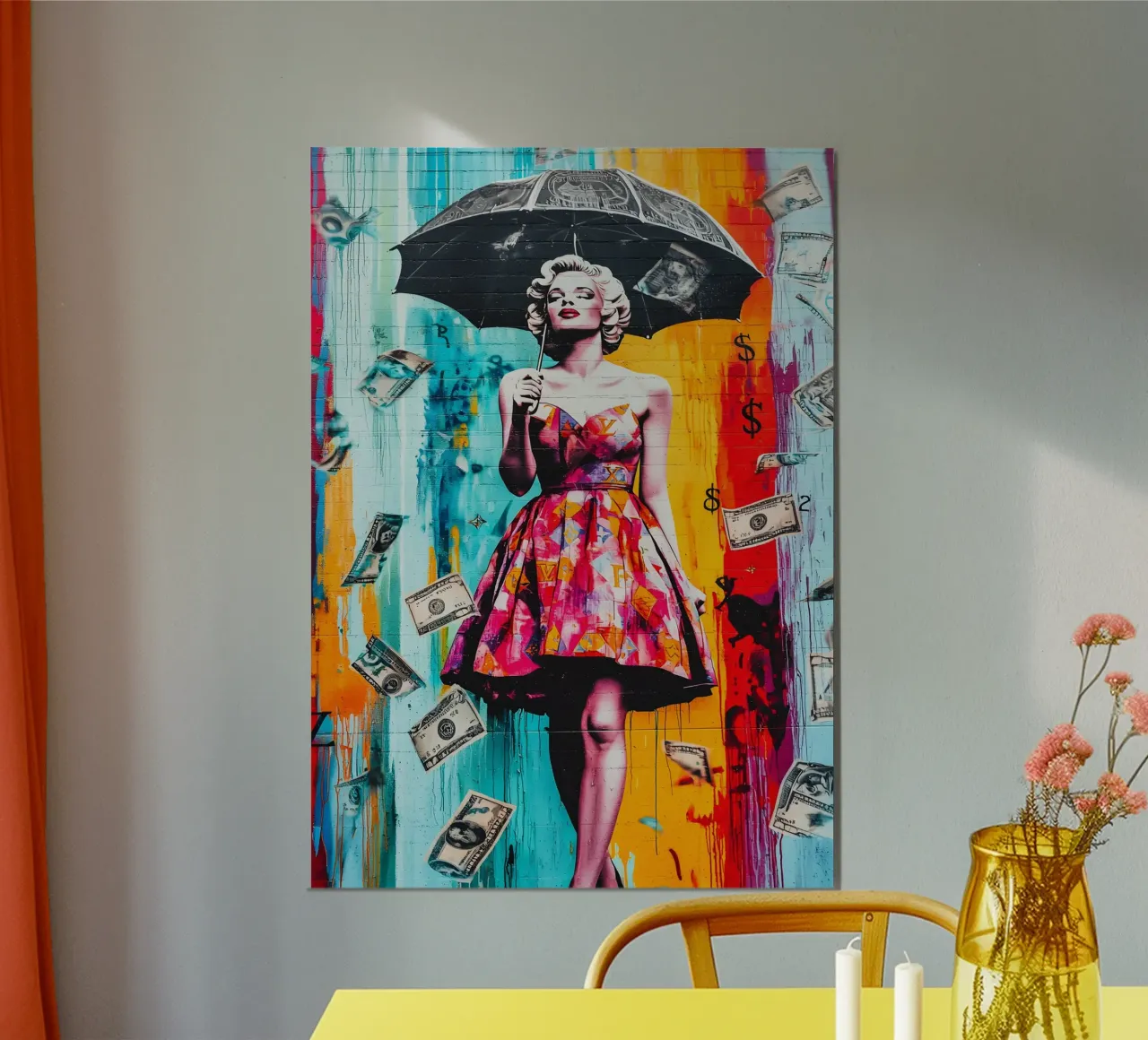 Marilyn Monroe Rain Money poster con telaio in legno da FreeArtStudio