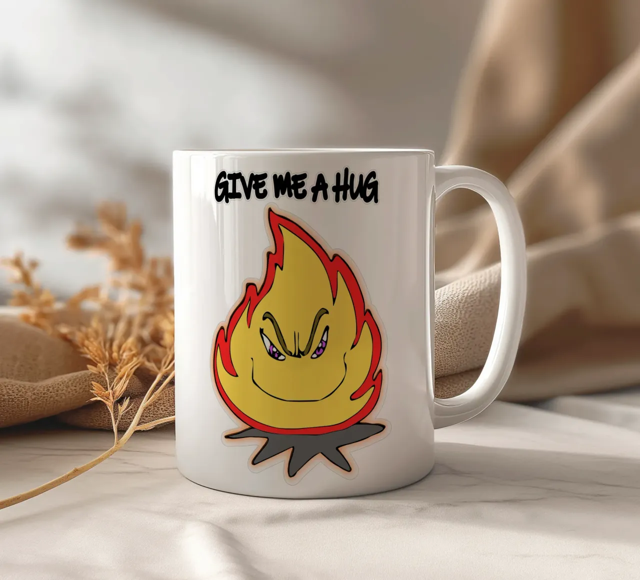 Cartone animato divertente Fuoco abbracciami tazza in ceramica da sillyindustries