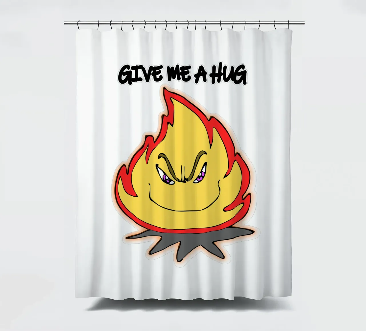 Funny Cartoon Fire Hug Me shower curtain by sillyindustries