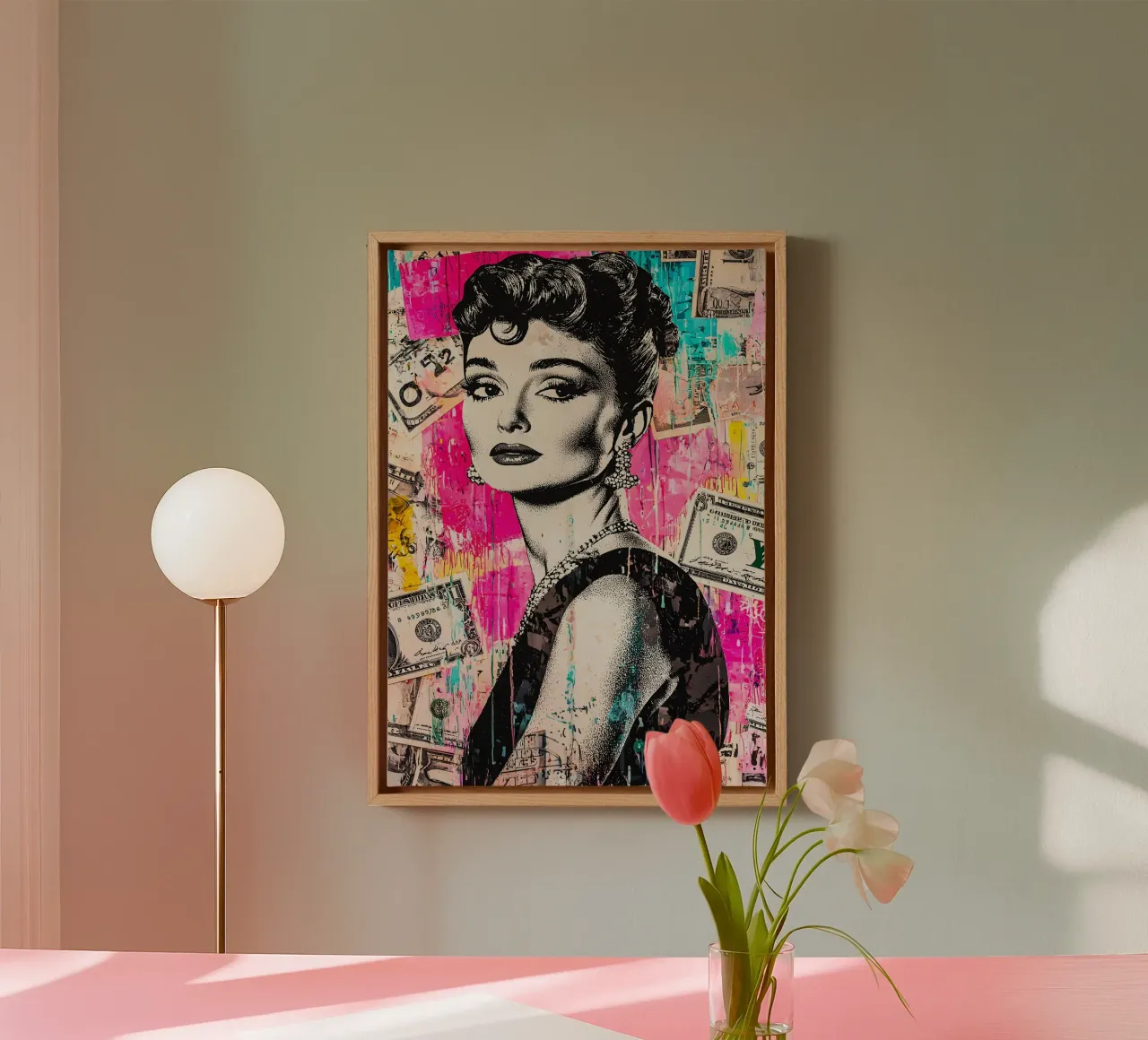 Audrey Hepburn tela con Cornice a cassetta da FreeArtStudio
