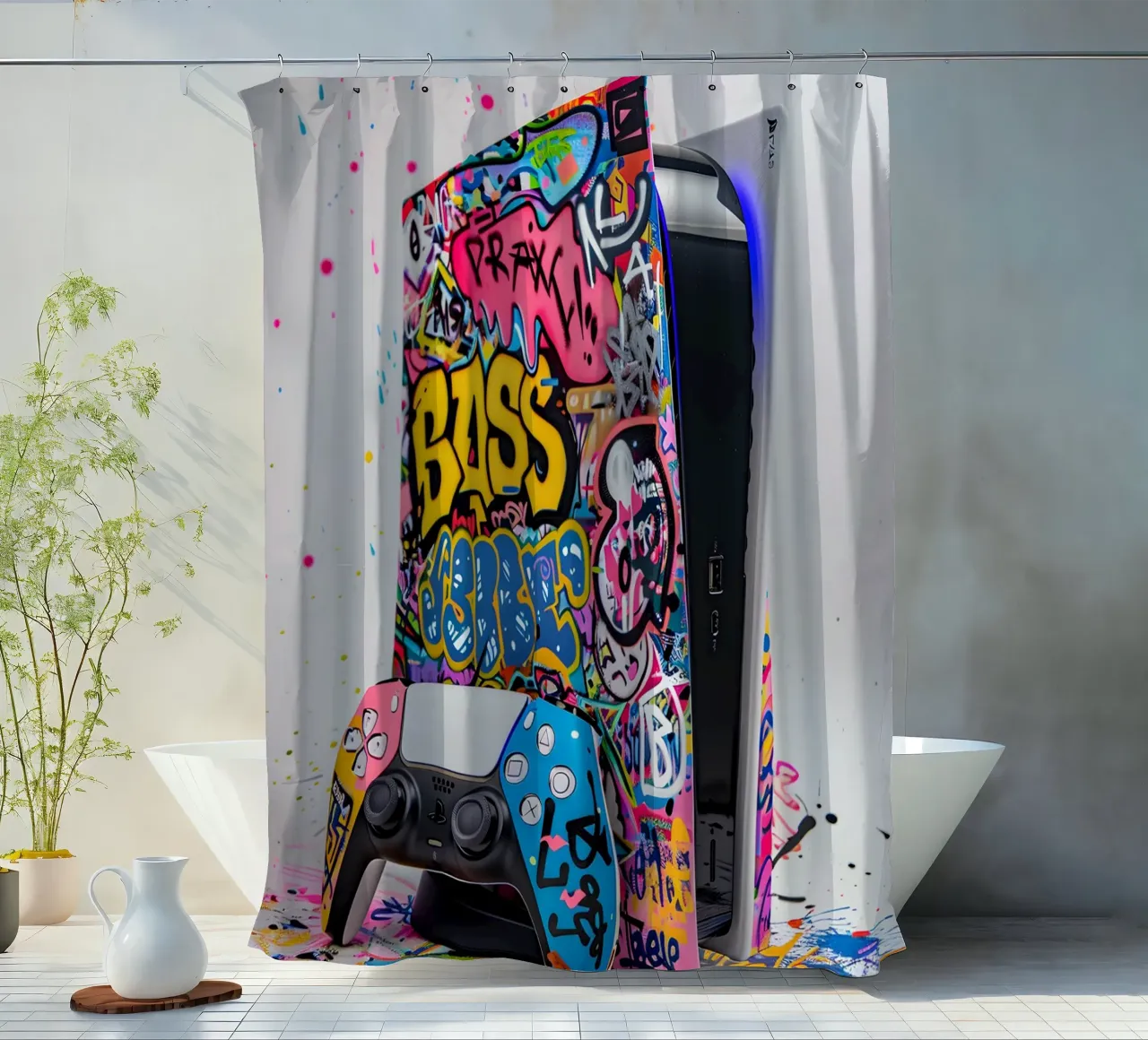 Pop art Playstation 5 console tenda da doccia da FreeArtStudio