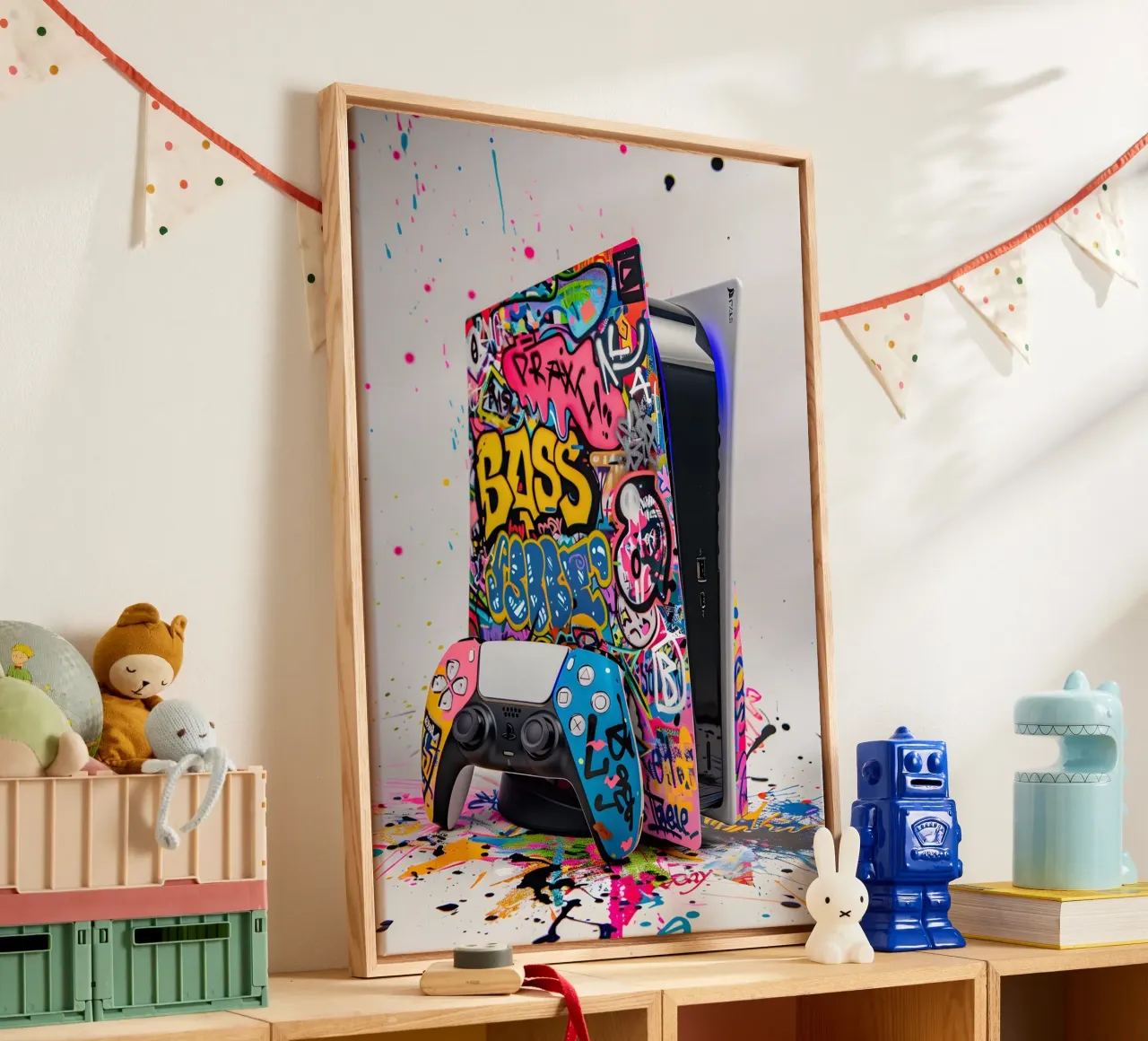 Pop art Playstation 5 console tela con Cornice a cassetta da FreeArtStudio
