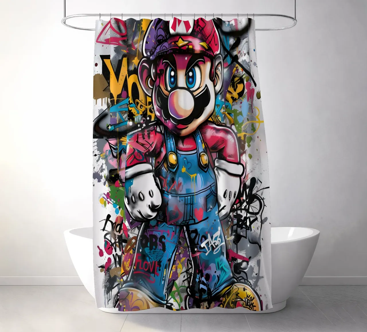 Pop art Mario Graffiti shower curtain by FreeArtStudio