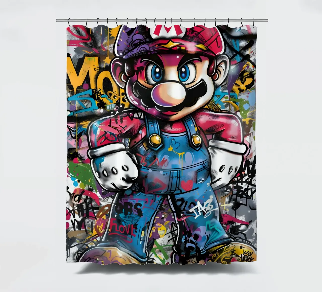 Pop art Mario Graffiti shower curtain by FreeArtStudio