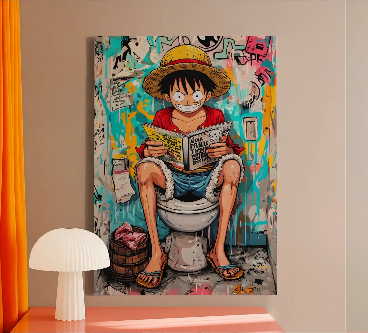 Funny Luffy One Piece Toilet tela con Cornice a cassetta da FreeArtStudio