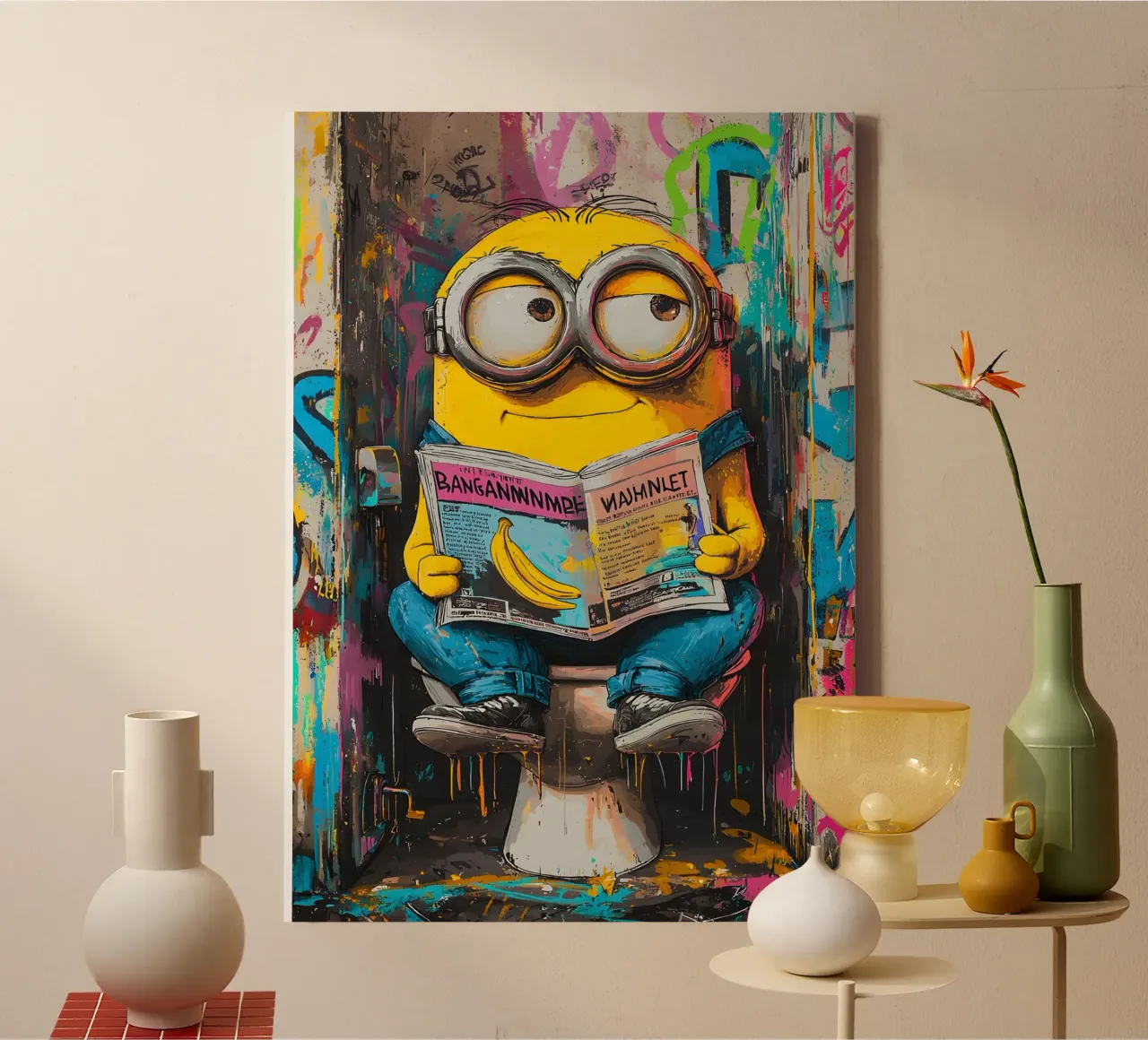 Funny Minion Toilet Leinwand mit Schattenfugenrahmen von FreeArtStudio