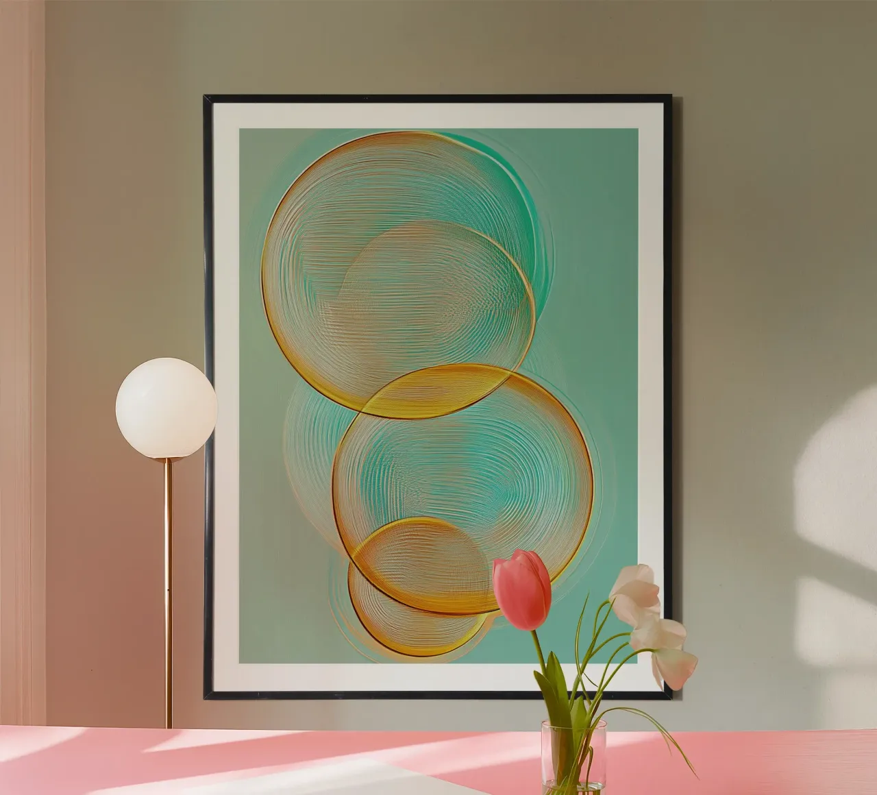 Abstracte cirkels poster met houten frame van Imagine