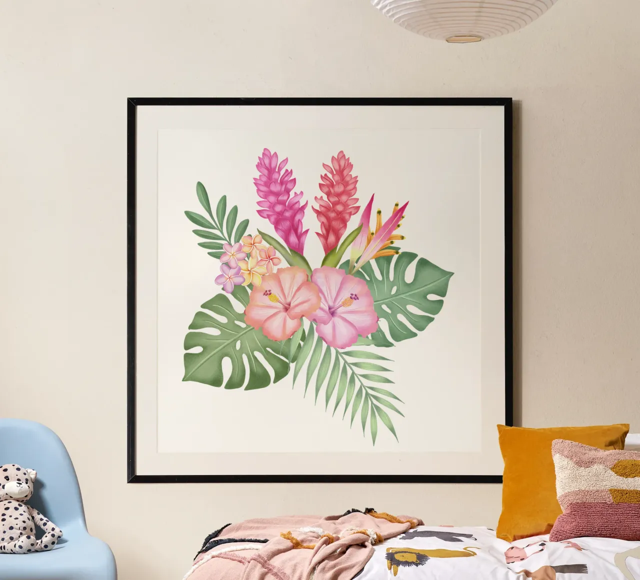 Tropical pattern with flowers poster with wooden frame by CalliLetters