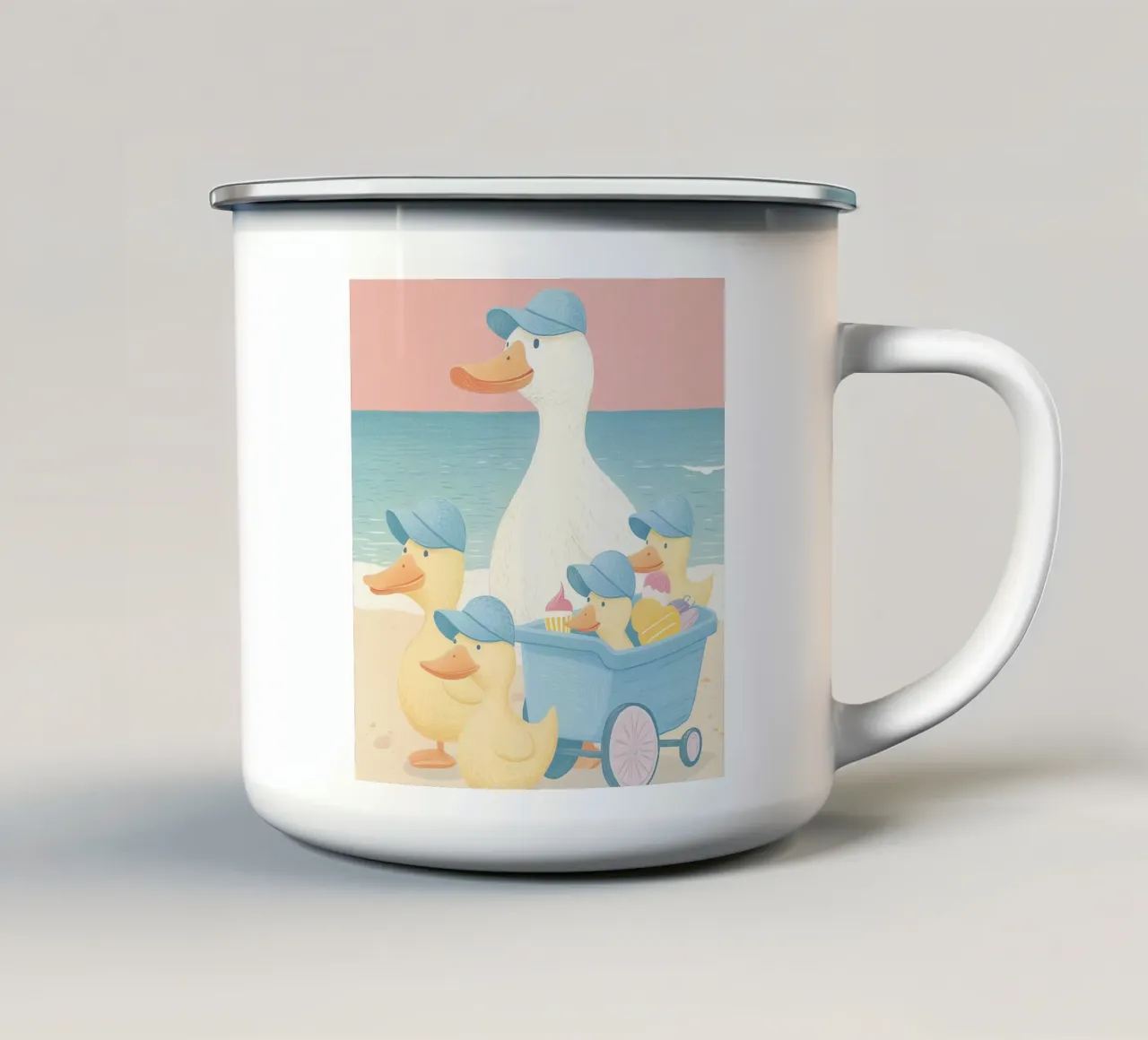 Famiglia di anatre in spiaggia tazza in smalto da Melloi Art Print