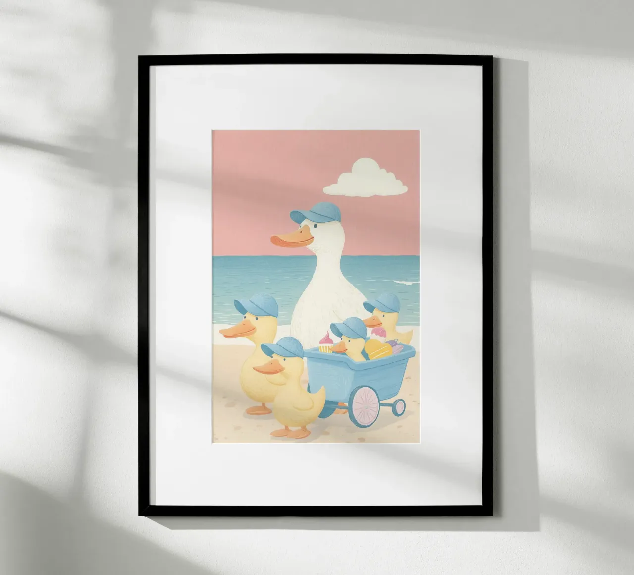 Famiglia di anatre in spiaggia poster da Melloi Art Print