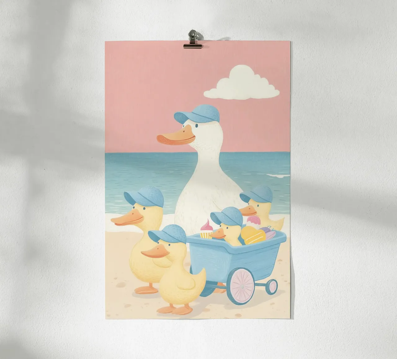 Famiglia di anatre in spiaggia poster da Melloi Art Print