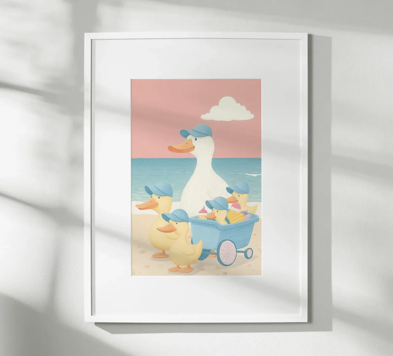 Famiglia di anatre in spiaggia poster da Melloi Art Print