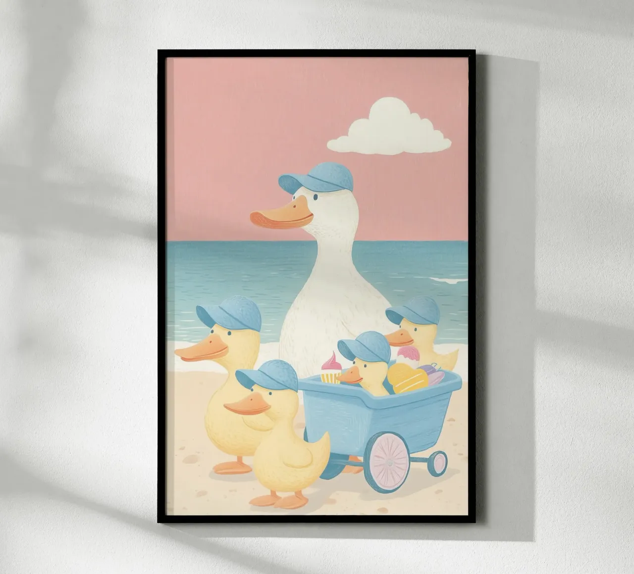 Famiglia di anatre in spiaggia poster da Melloi Art Print