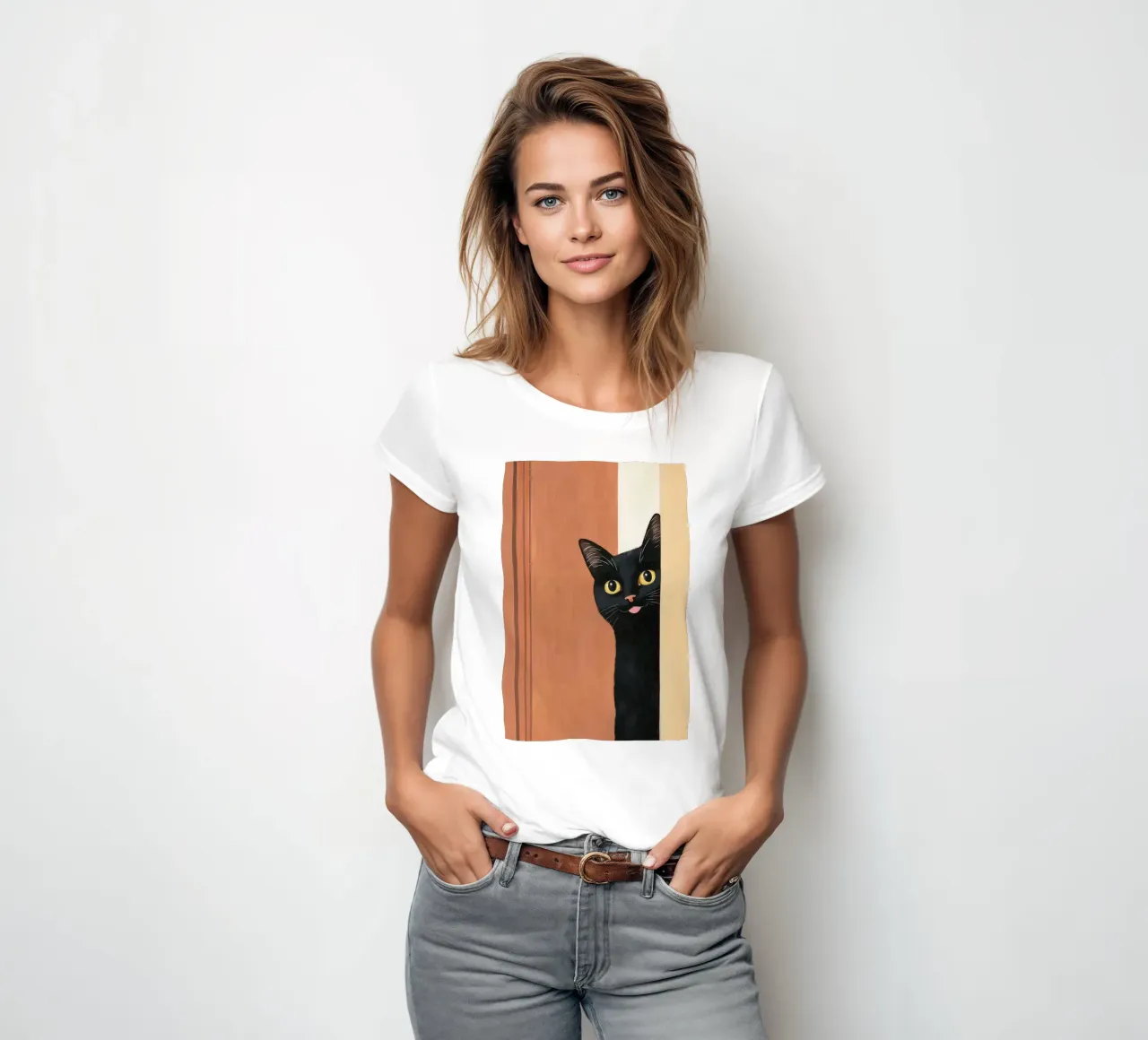 Curious Black Cat Peeking women's fitted t-shirt by Melloi Art Print