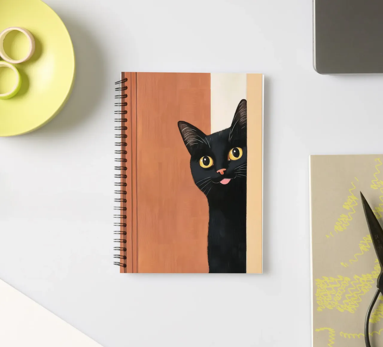 Curious Black Cat Peeking spiral notebook by Melloi Art Print