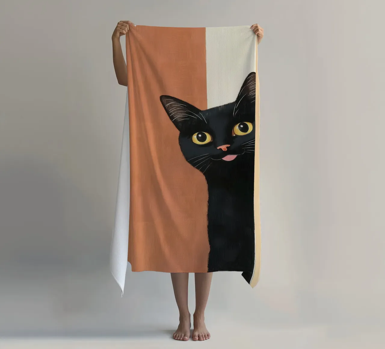 Curious Black Cat Peeking beach towel by Melloi Art Print