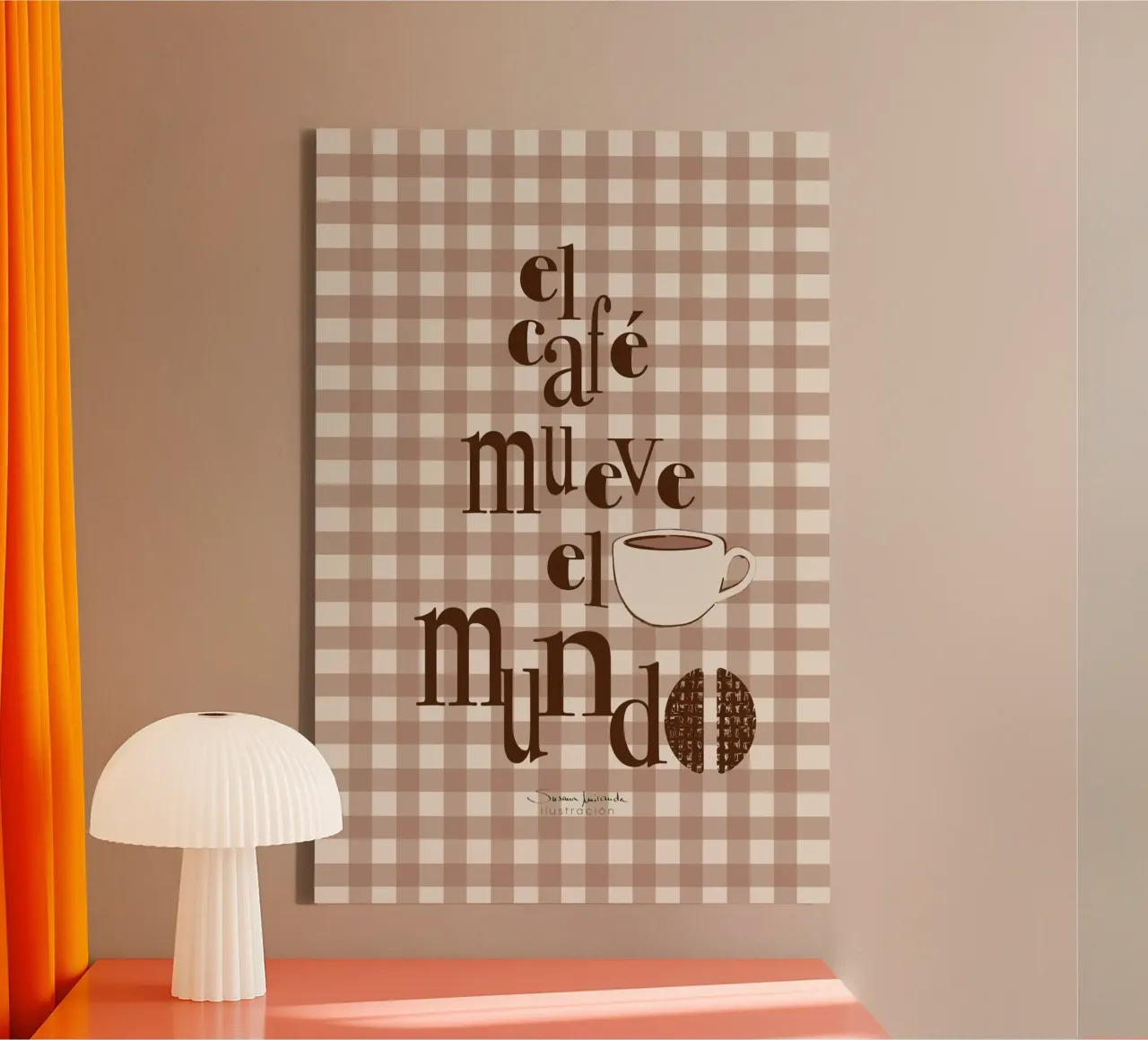 El café mueve el mundo - arte cafetero lienzo con Marco flotante de Art by Susana Miranda ilustración