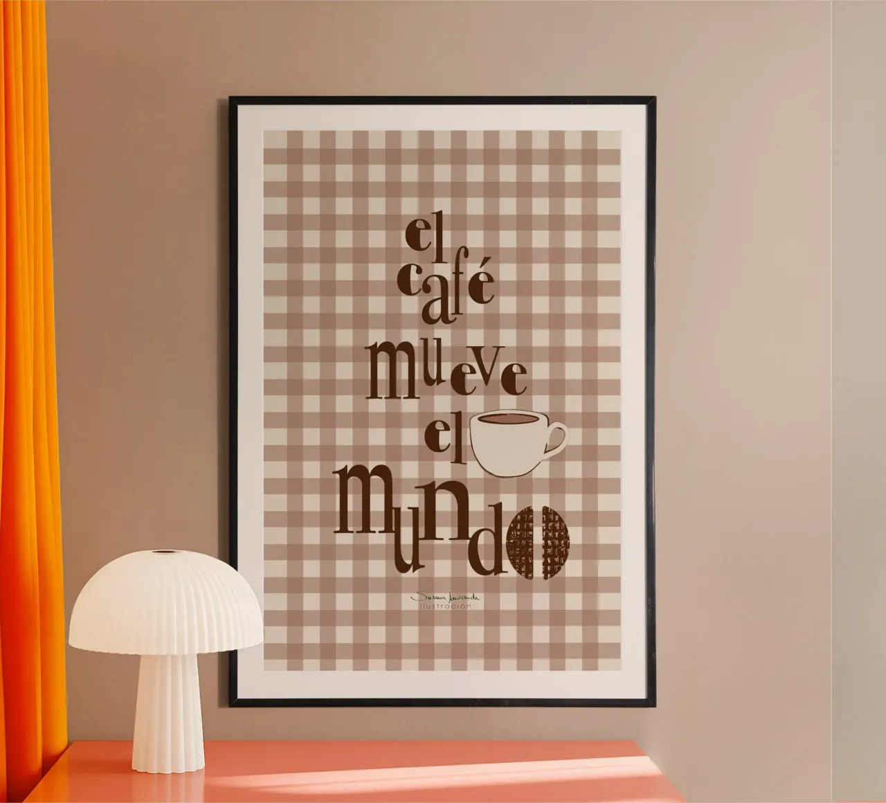 El café mueve el mundo (Coffee runs the world) - coffee art poster with wooden frame by Art by Susana Miranda ilustración