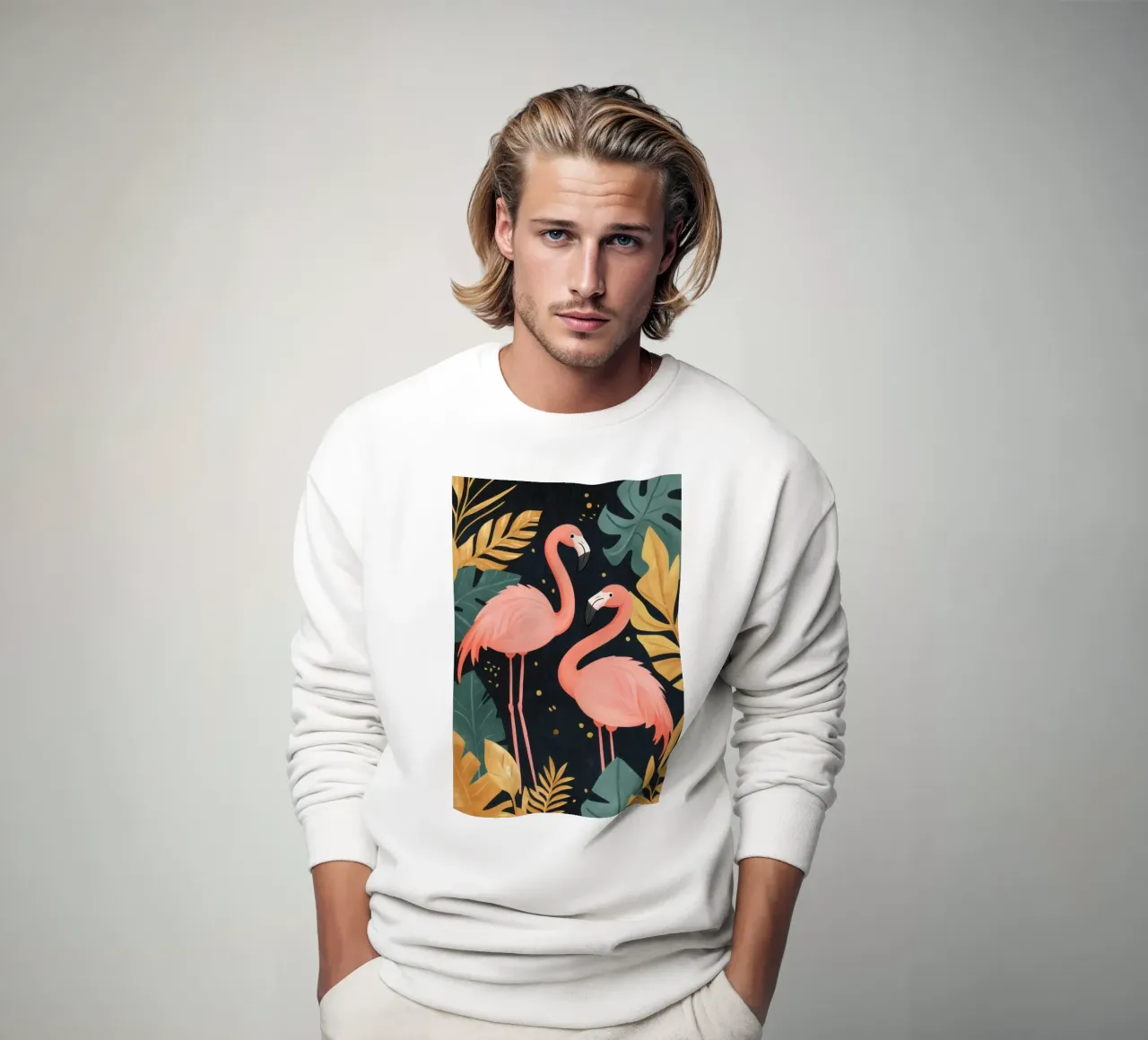Flamingos inmitten von tropischem Laub Sweatshirt von Melloi Art Print