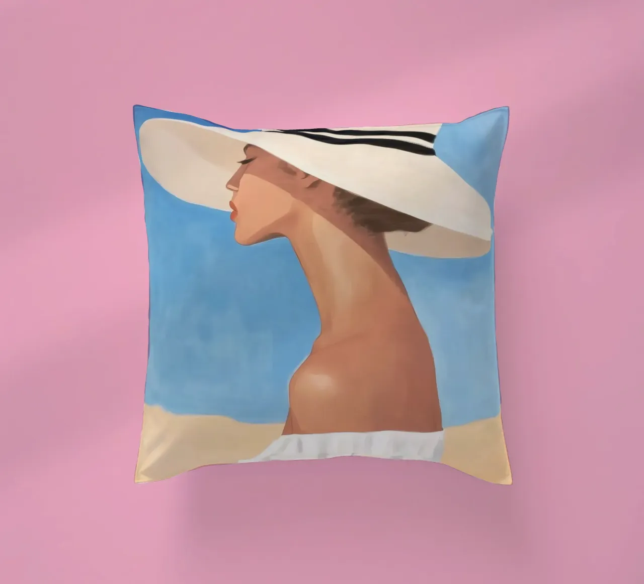 Donna con cappello a tesa larga cuscino da Melloi Art Print