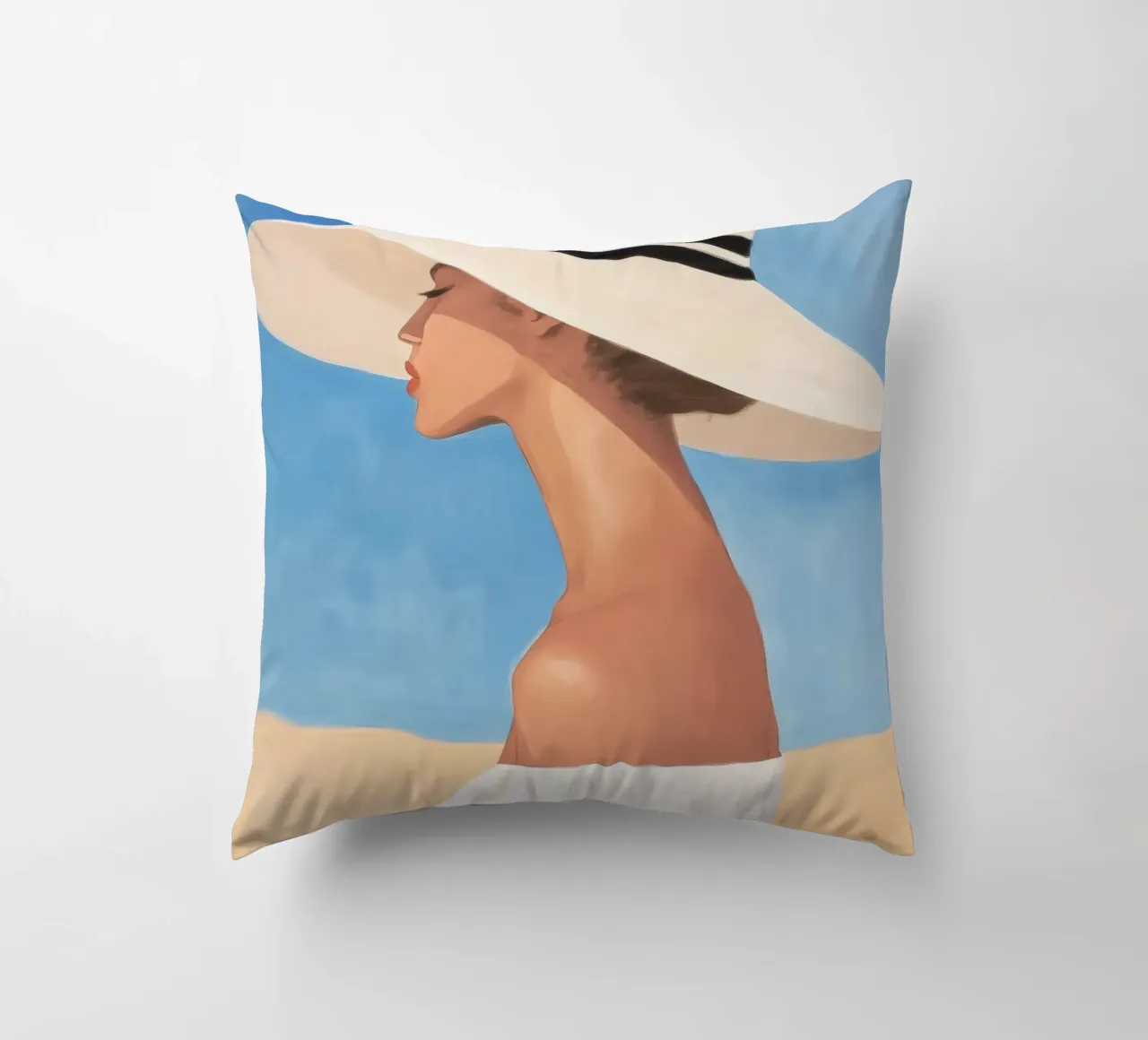 Donna con cappello a tesa larga cuscino da Melloi Art Print