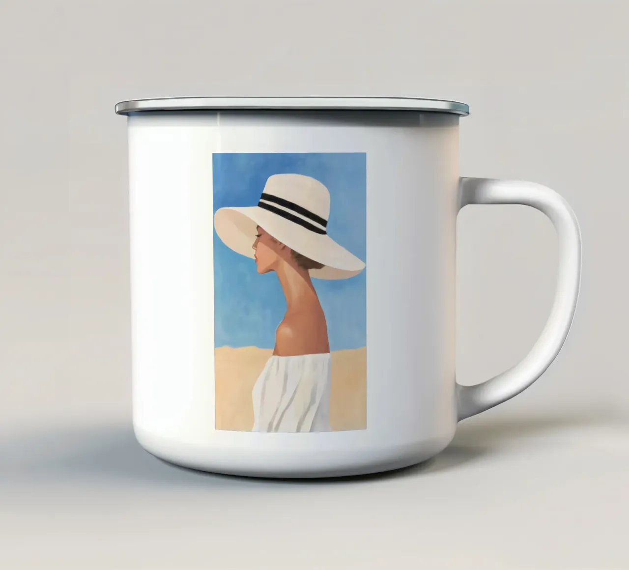 Donna con cappello a tesa larga tazza in smalto da Melloi Art Print