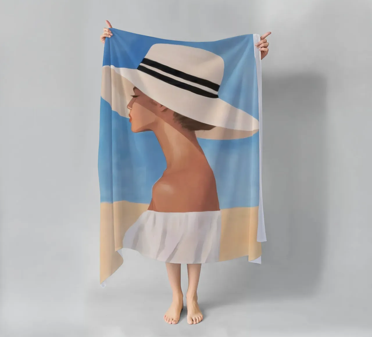 Donna con cappello a tesa larga telo mare da Melloi Art Print