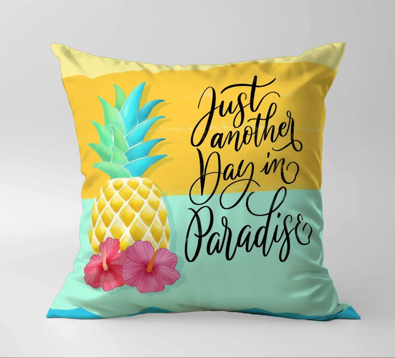 Un día más en el paraíso. Good Vibes Zitat. Lettering. cojín de CalliLetters