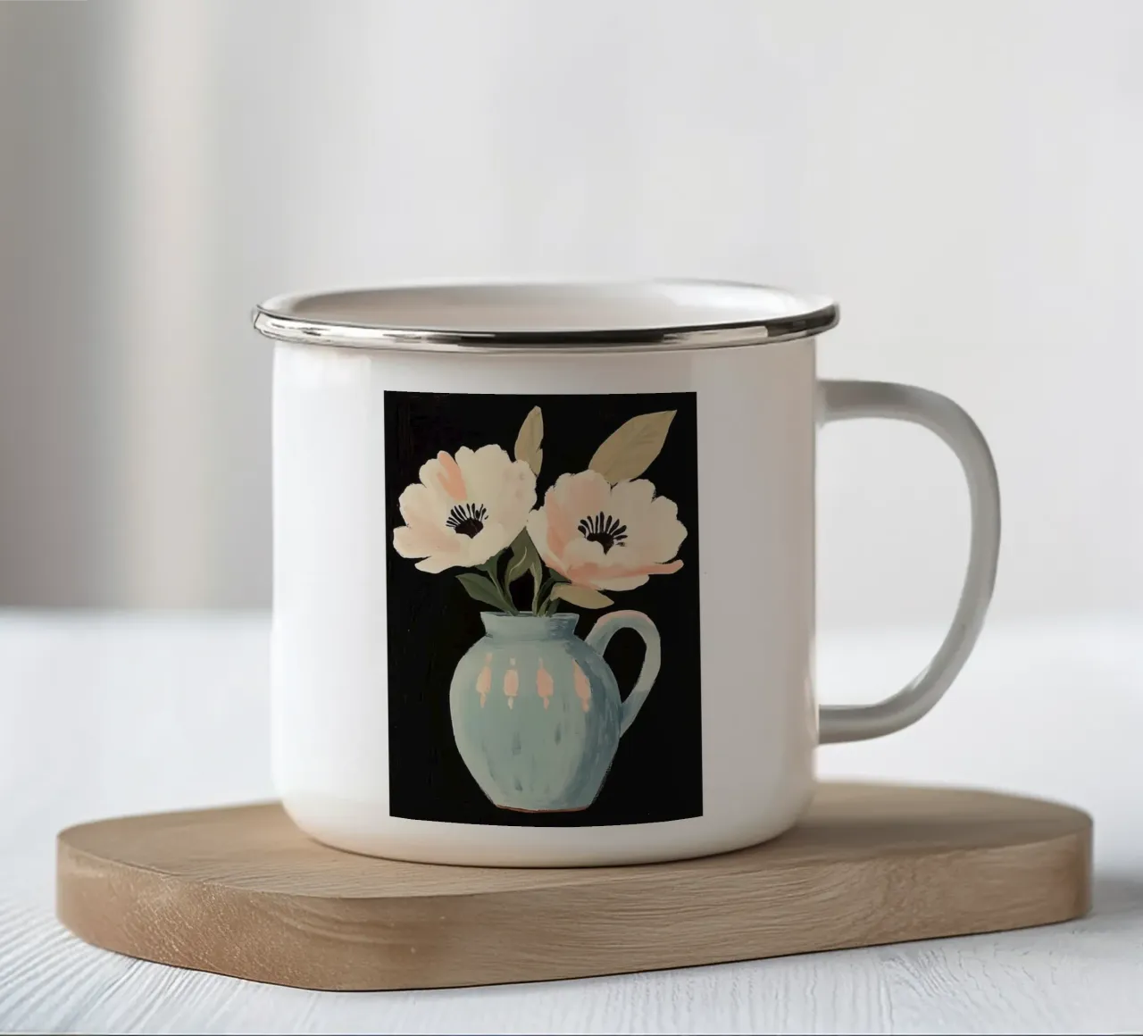 Blumengemälde in blauer Vase Emaille Tasse von Melloi Art Print