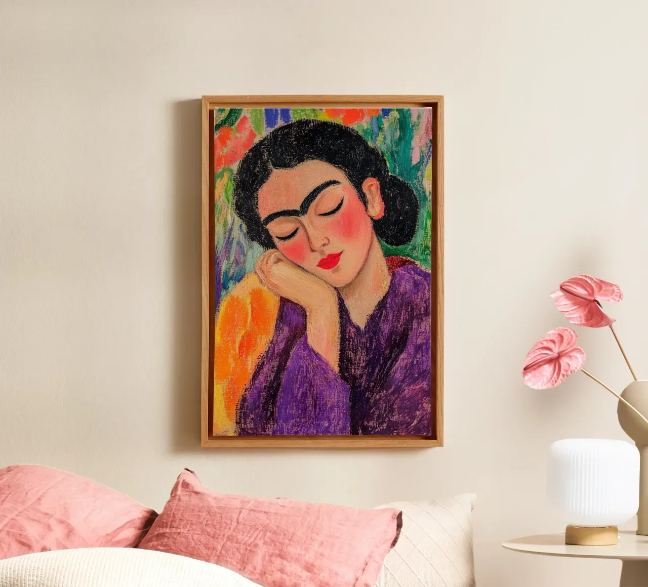 Frida Kahlo Peinzend canvas met Baklijst van studiofox