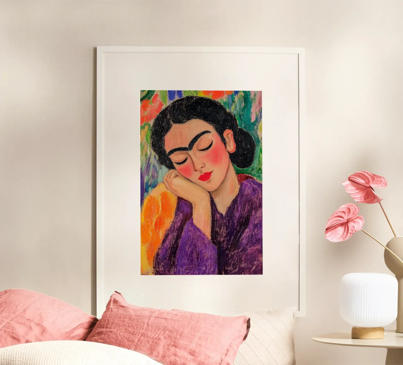 Frida Kahlo Peinzend poster met kunststof frame van studiofox