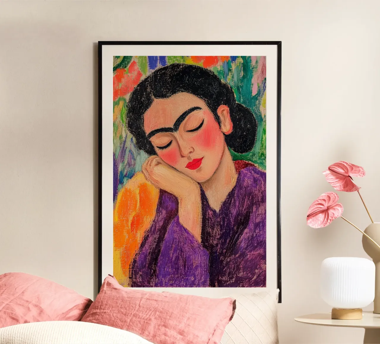 Frida Kahlo Peinzend poster met kunststof frame van studiofox