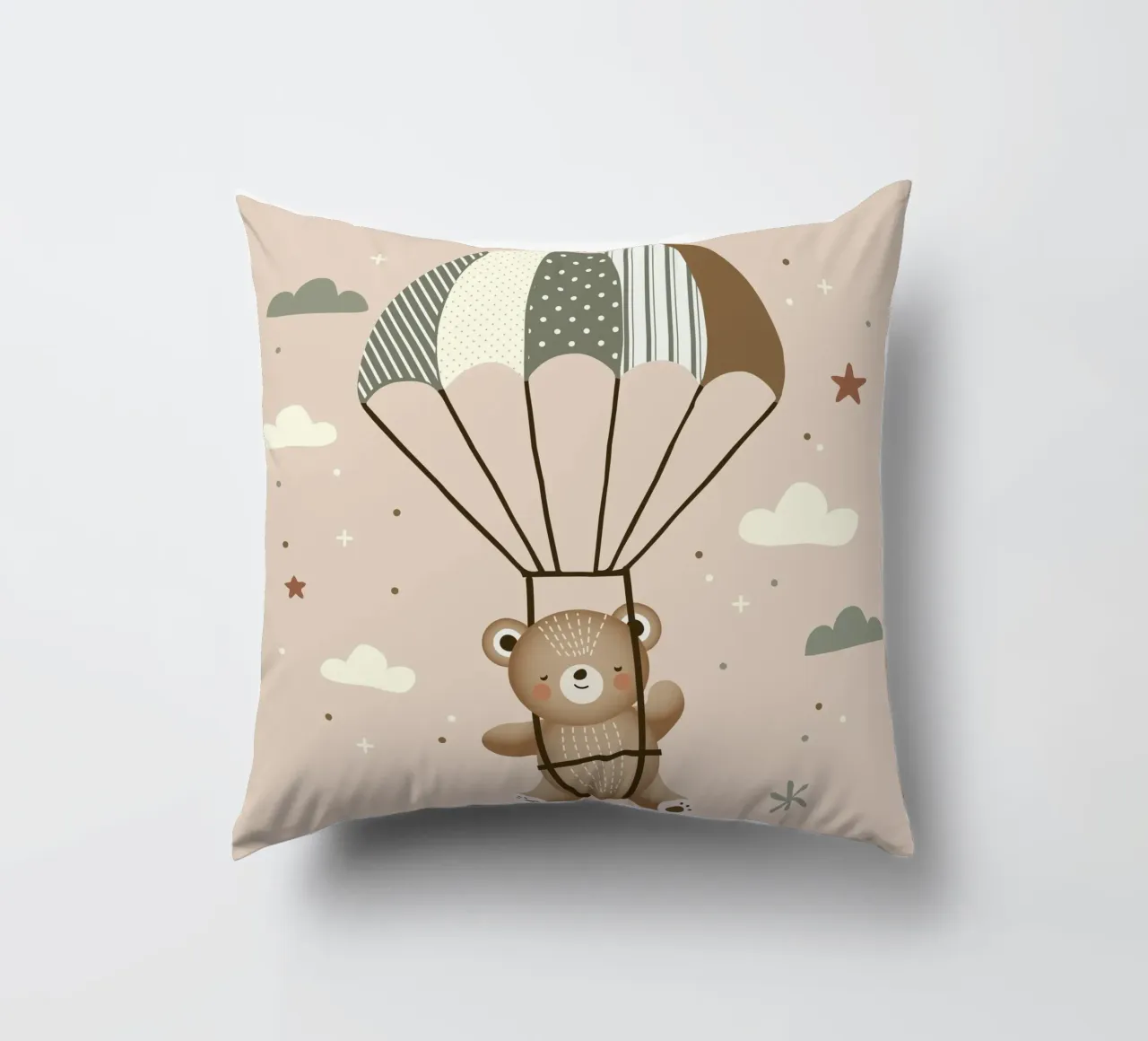 Orso con paracadute - Illustrazione giocosa in colori tenui cuscino da namosh