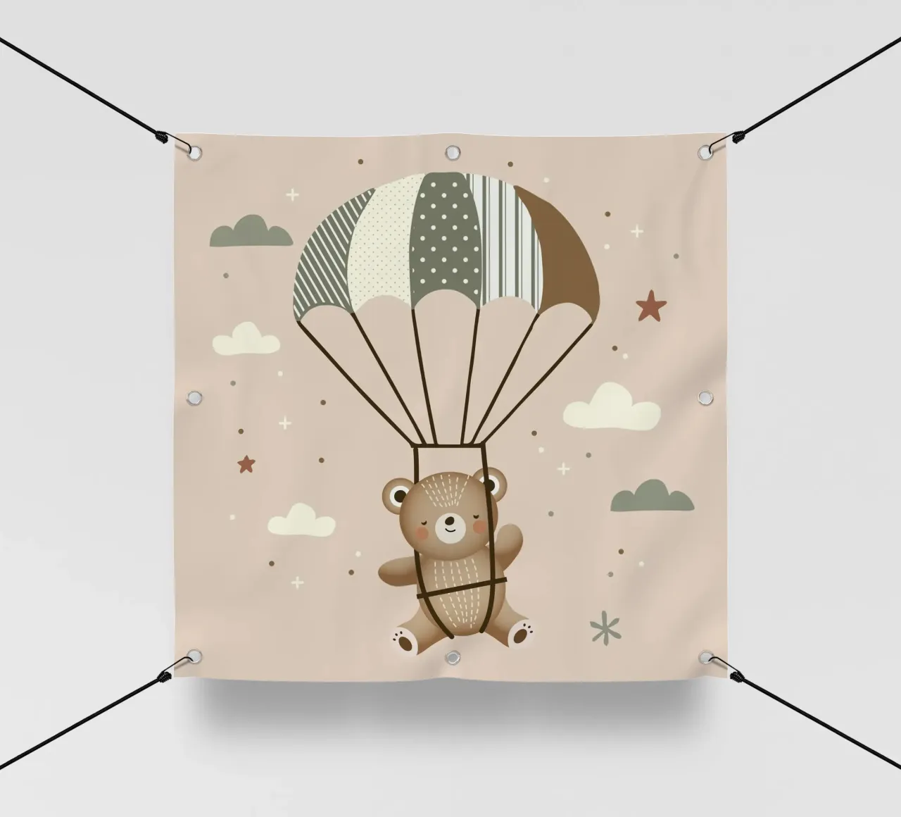 Orso con paracadute - Illustrazione giocosa in colori tenui telo in pvc da namosh